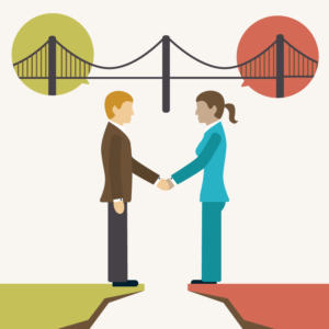 Illustration representing two people shaking hands, creating a bridge through their dialogue.